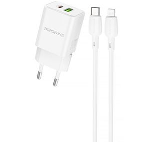 МЗП Borofone BN14 Royal PD30W+QC3.0 (1USB-A/1C) + кабель Type-C to Lightning White