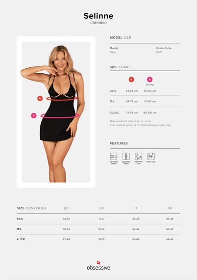Сорочка Obsessive Selinne chemise & thong XL/2XL Black, стринги, двойные бретели | Зображення 4