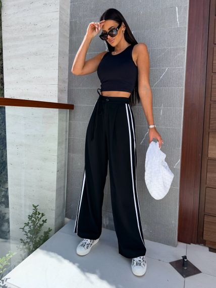 Женские широкие брюки палаццо с лампасами свободные NA2010 цвет черный, размер 46/48 | Зображення 5