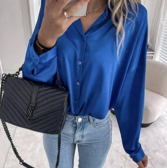 Женская шелковая блуза-рубашка длинная в стиле оверсайз MI544 цвет синий, размер 42/46 | Зображення 1