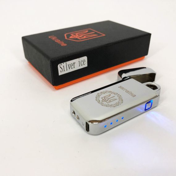 Дугова електроімпульсна запальничка USB Герб України (індикатор заряду, ліхтарик) HL-442. GZ-749 Колір: срібло | Зображення 2