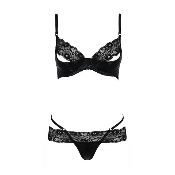 Комплект білизни Passion Exclusive NORTH SET XXL/XXXL, black, ліф і трусики з елементами під латекс | Зображення 4