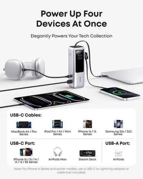 Портативний зарядний пристрій Anker 25000 mAh 165W PD Built-In Double USB-C Cables Silver | Зображення 4