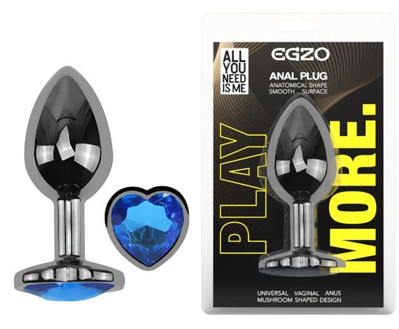 Анальна пробка EGZO Dark Silver Heart Plug M зі сталі з синім кристалом Sex Aura