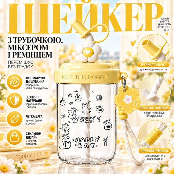Шейкер Happy Cat 580 мл детский желтый с венчиком для смешивания и трубочкой для напитков с котиком | Зображення 4