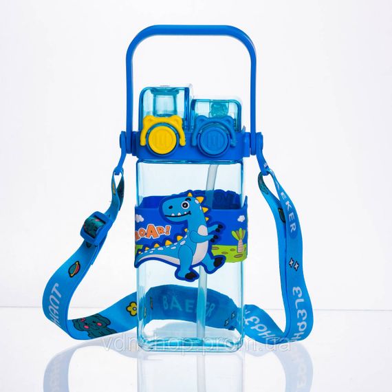 Бутылка для воды детская с трубочкой 550 мл с ручкой и ремешком 19 см Синий HP-18-3BL