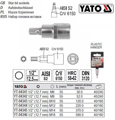 Головка торцевая вставка SPLINE 1/2" M10х55 мм Польша YATO YT- 04343