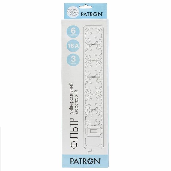 Мережевий фільтр живлення Patron 3.0 m3*1.5mm2 (SP-1663) 6 розеток BLACK (EXT-PN-SP-1663) | Зображення 1