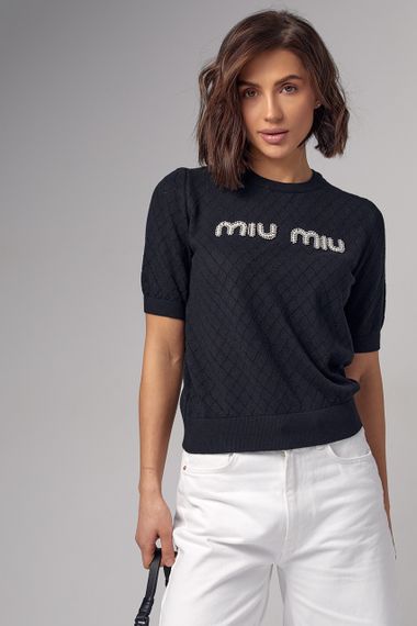 Ажурная футболка с надписью Miu Miu - черный цвет, S (есть размеры) | Зображення 6