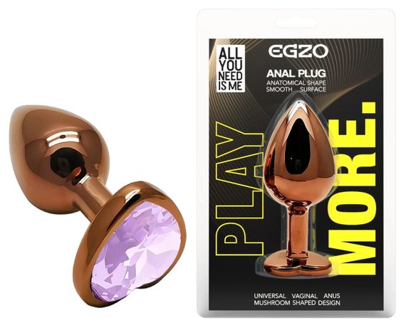 Анальна пробка анатомічна металева EGZO Dark Gold Heart Plug S з аметистовим кристалом Sex Aura