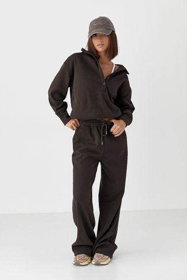 Спортивний костюм вільного крою зі світшотом-поло - темно-коричневий цвет, ONE SIZE (є розміри) | Зображення 4