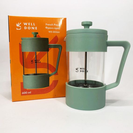 Френч-прес Well Done WD-8056A 600 мл м'ятний, Стильний скляний чайник для заварювання, Френч для чаю