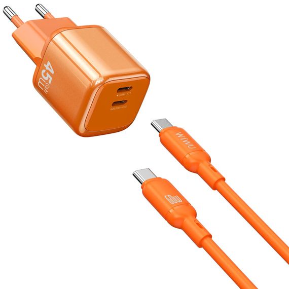 СЗУ WIWU G025 Cube PD45W (2USB-C) + кабель Type-C to Type-C Orange
