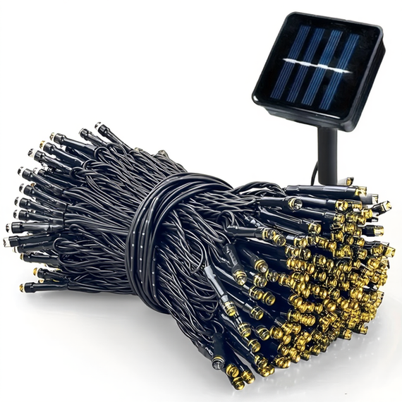Гірлянда нитка на сонячній батареї 1500 LED 150 м чорний дріт жовтий | Зображення 1