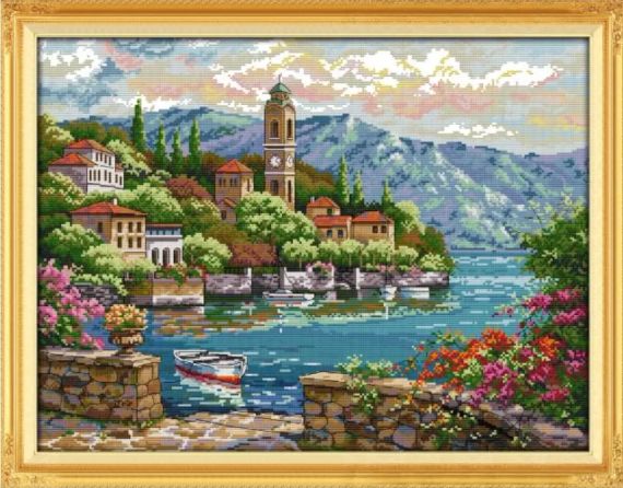 Набір для вишивання за нанесеною на канву схемою  "Seaside clock tower". AIDA 14CT printed, 54*43 см