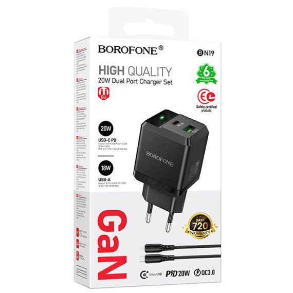 МЗП Borofone BN19 Intenso PD20W+QC3.0 (1USB-A/1C) + кабель Type-C to Lightning Black | Зображення 1