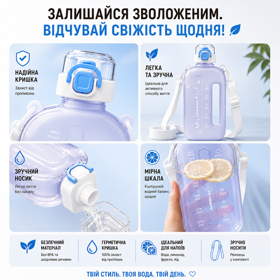 Эко-бутылка для воды 750 мл белая матовая, BPA-free с ремешком и мерной шкалой | Зображення 2