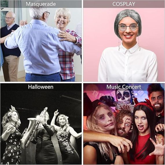 Перука бабусі сива з гулькою, комплект для образу старої леді з окулярами, намистом, сережками для виступів, косплею, Хелловіну | Зображення 4