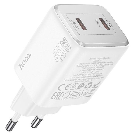 Набір СЗУ HOCO N42+кабель Lighting, 2xUSB-C, PD45W, кабель 1м, White | Зображення 1