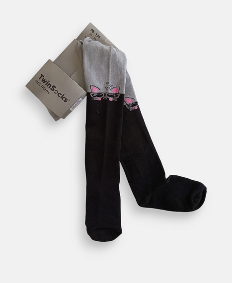 Колготки дитячі ТМ TwinSocks для дівчинки кішка з окулярами: сірий/чорний, молочний/шоколад, рожевий/сірий Сірий + чорний,