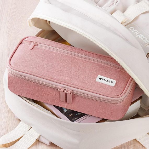 Пенал великий рожевий з лляної тканини на блискавці, органайзер для канцелярії, косметики, дрібниць, з 5 відділеннями для дівчинки | Зображення 6