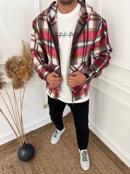 Тепла чоловіча байкова сорочка в клітку на блискавці з капюшоном розмір 52/54 колір червоний adl1004 | Зображення 4