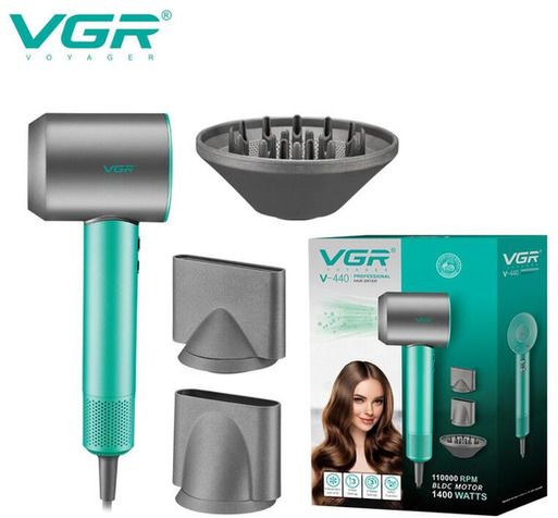 Фен професійний VGR V-440 GREEN, 3 рівні обдува та температури, 2200 Вт, 11000 RPM, 3 насадки (45705-V-440 GREEN_1143) | Зображення 3