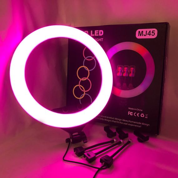 Кільцева LED лампа RGB MJ45 Ring 45 см комплектація адаптер із вбудованим кабелем, тримачі для телефону, пульт | Зображення 7