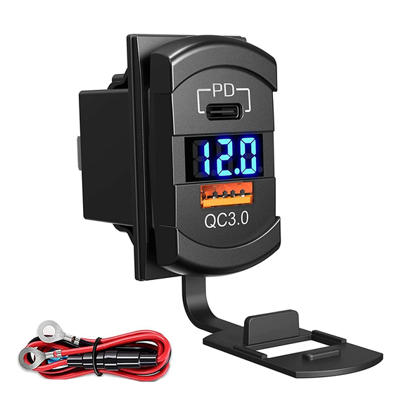 Автомобільна врізна швидка зарядка з вольтметром, 12-24 В, QC3, USB і Type-C (DS2013-E-P21)