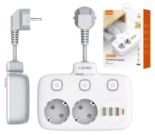 Мережевий фільтр LDNIO SE2435 подовжувач 2 розетки 3 USB 1 Type-C Білий | Зображення 1