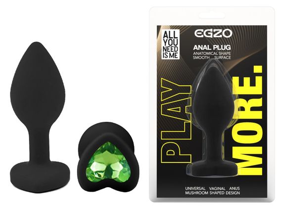 Силиконовая анальная пробка EGZO - Silicone Black Heart Plug Green, size S Sex Aura