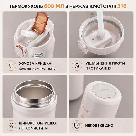 Термокухоль 600 мл з нержавіючої сталі 316 світло- сірий – вакуумний термос з кнопкою, герметичний, для кави та чаю | Зображення 4