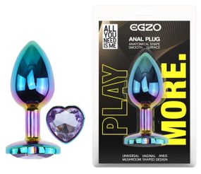 Анальна пробка EGZO Multicolor Heart Plug S з аметистом, металева з райдужним покриттям Sex Aura