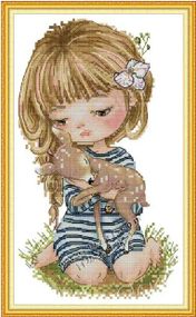 Набор для вышивания по нанесённой на канву схеме "Girl holding a fawn". AIDA 14CT printed, 18*29 см