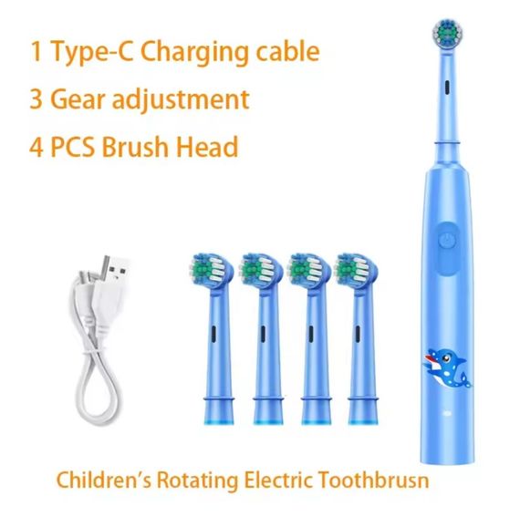 Дитяча електрична зубна щітка з 4 насадками, 3 режимами, Type-C зарядкою (водонепроникна). Синя | Зображення 2