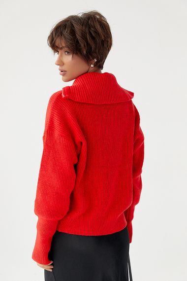 В'язаний кардиган на блискавці з високим коміром - червоний цвет, ONE SIZE (є розміри) | Зображення 1