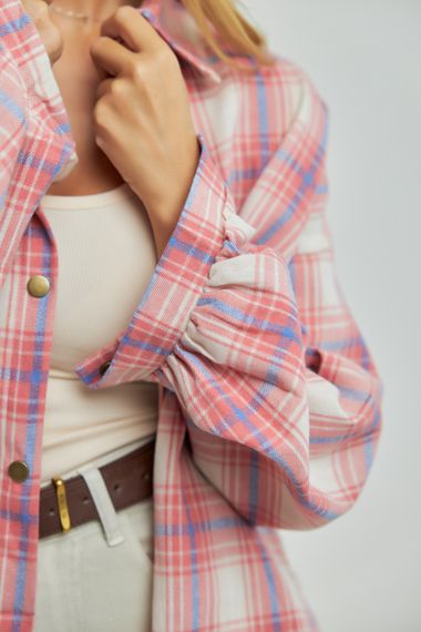 Картата сорочка на кнопках із подовженою спинкою - пудра цвет, ONE SIZE (є розміри) | Зображення 3