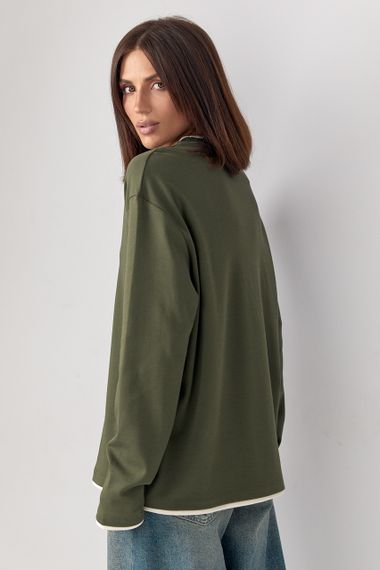 Жіночий лонгслів oversize з контрастною окантовкою по краях - хакі цвет, ONE SIZE (є розміри) | Зображення 1