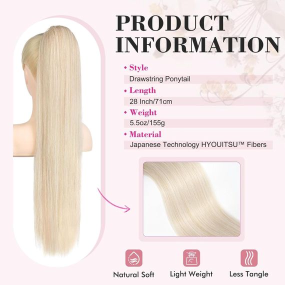 Накладной хвост длинный прямой светлый блонд 71 см шиньон на шнурке из термостойких синтетических волос REECHO | Зображення 1