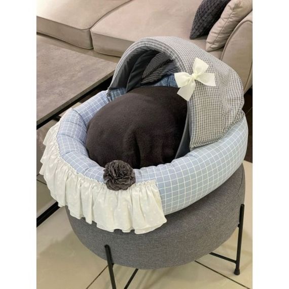 Лежанка люлька для собак Boris House Baby Cradle с коричневым плюшевым матрасом и голубой клеткой