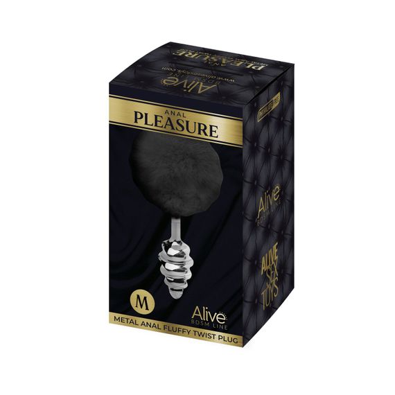 Металева анальна пробка Кролячий хвостик Alive Fluffy Twist Plug M Black, діаметр 3,4 см | Зображення 2