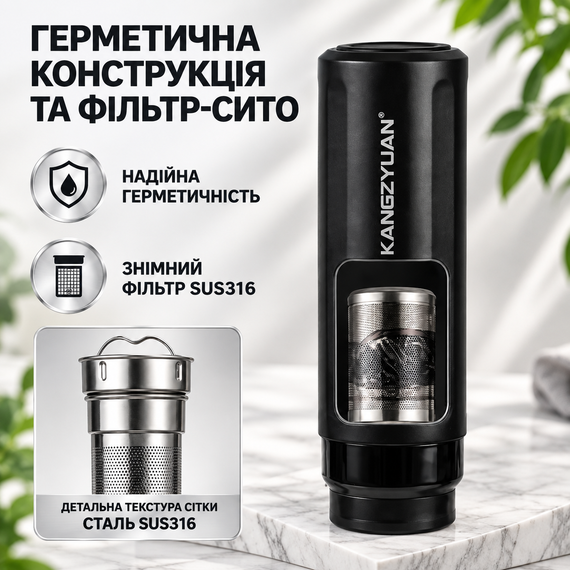 Термос-бутылка KANGZYUAN 600 мл (0,6 л), вакуумная, из нержавеющей стали 316, с ситечком и ручкой, черная | Зображення 4