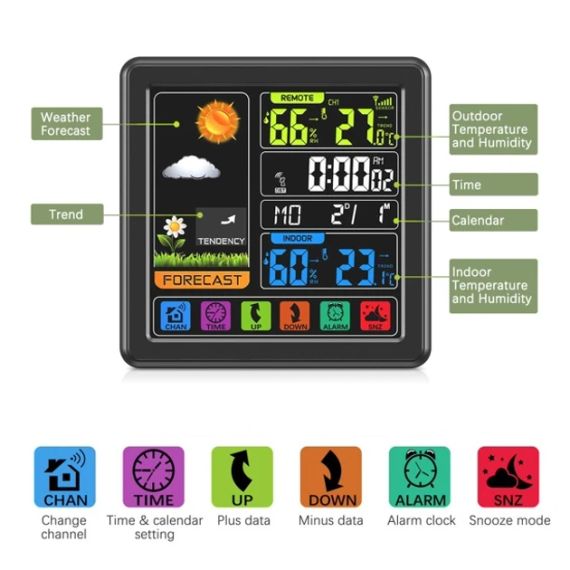 Беспроводная метеостанция с цветным экраном TS-3310-BK, внутренняя и наружная температура, влажность, часы | Зображення 5