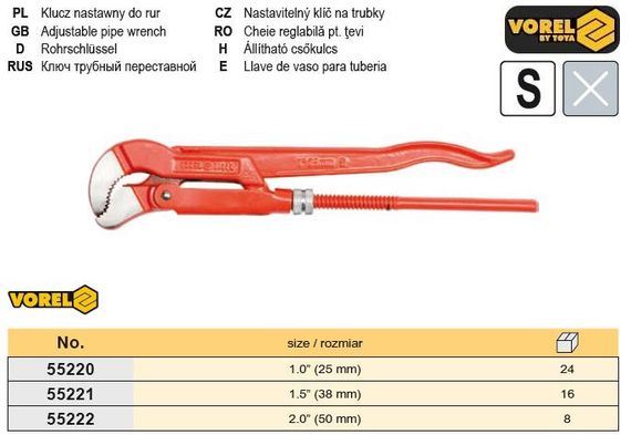 Ключ трубный Польша карбоновая сталь 1,5" тип S VOREL-55221