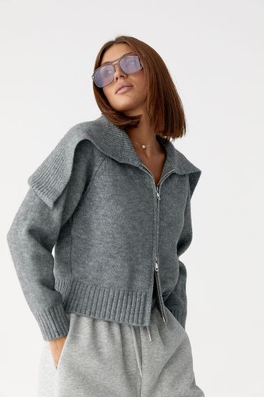 В'язаний укорочений жіночий кардиган на блискавці - сірий цвет, ONE SIZE (є розміри)