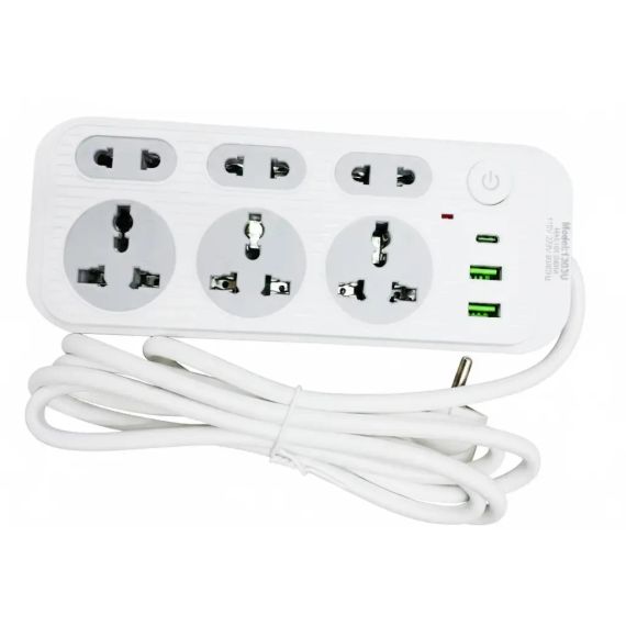 Мережевий фільтр подовжувач 2м, 2500Вт, 6×220В, 2хUSB, 1хType-C, WL-1, Білий / Мережевий подовжувач з вимикачем | Зображення 2