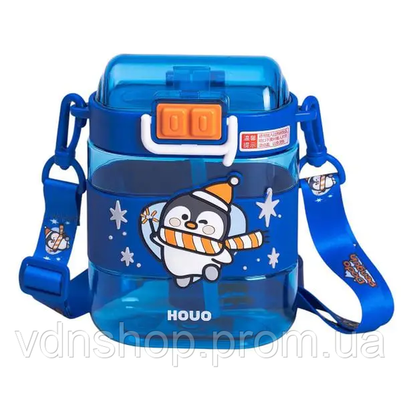 Бутылка для воды детская с трубочкой и ремешком 560 мл бутылочка для питья в школу 15 см Синяя HP-14-36BL