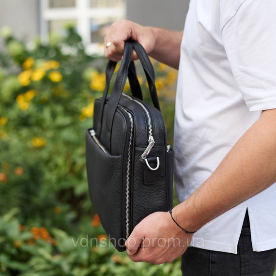 Чоловічий портфель на плече 40х28х10, офісний шкіряний месенджер, чоловіча ділова сумка для міста, чорний | Зображення 3