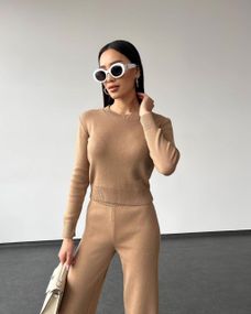 Вязаный женский костюм кофта и брюки бежевого цвета размер XS-XL XL