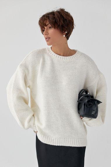 В'язана однотонна кофта з рукавами-ліхткриками - білий цвет, ONE SIZE (є розміри) | Зображення 4